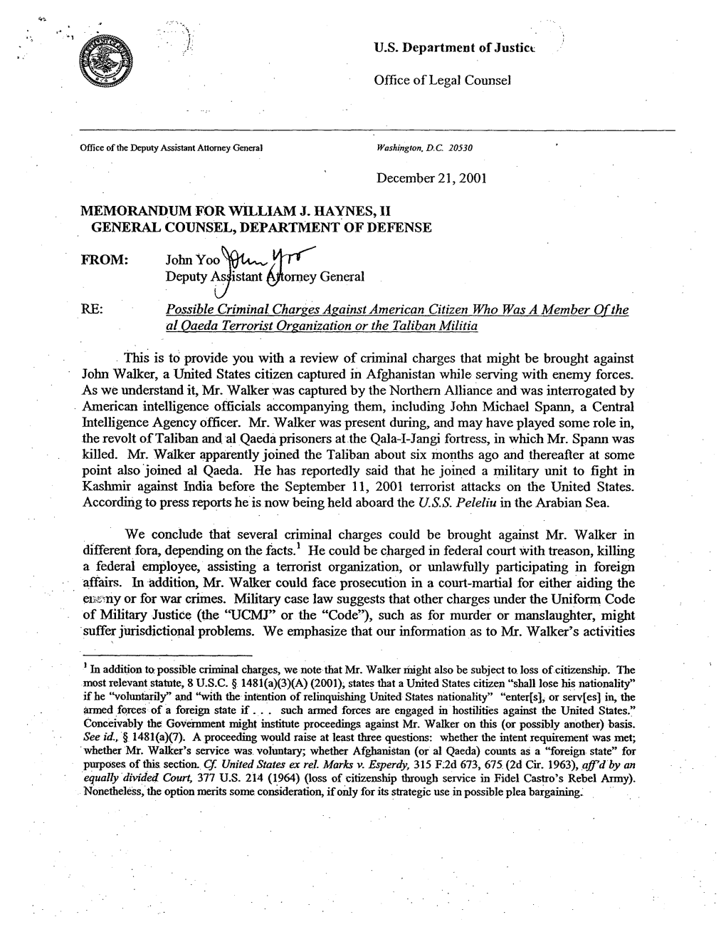 Memorandum Regarding Possible Criminal Charges Against American Citizen Who Was a Member of the Al Qaeda Terrorist Organization