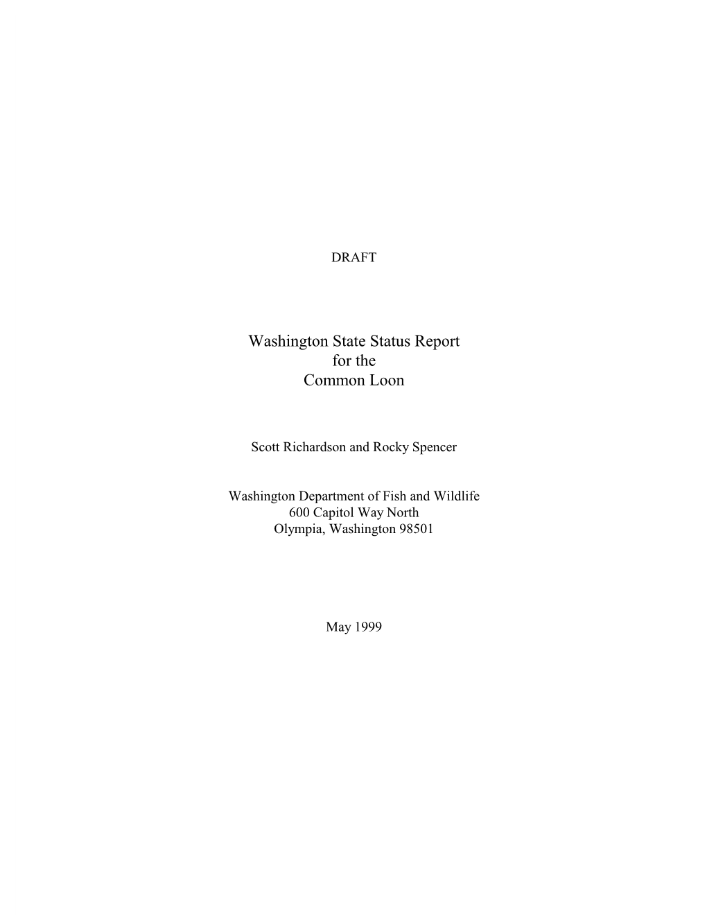 WDFW Draft Status Report for the Common Loon