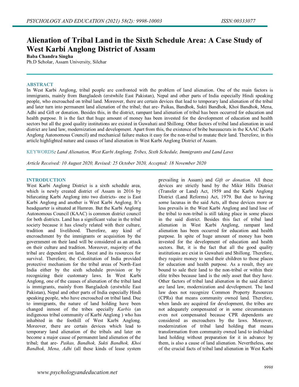 Alienation of Tribal Land in the Sixth Schedule Area: a Case Study of West Karbi Anglong District of Assam