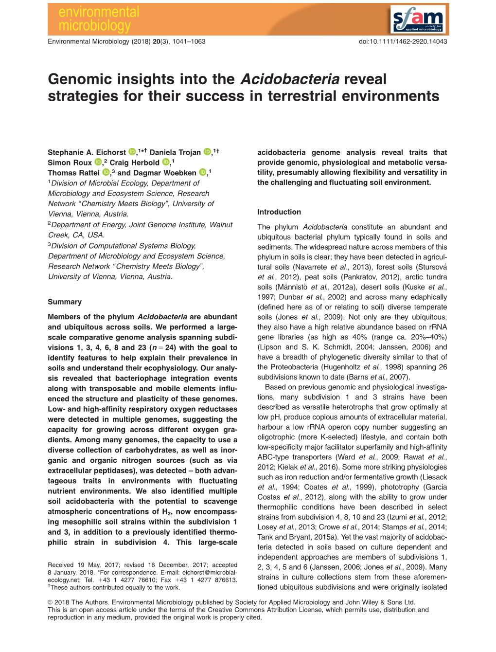 Genomic Insights Into the Acidobacteria Reveal Strategies for Their Success in Terrestrial Environments