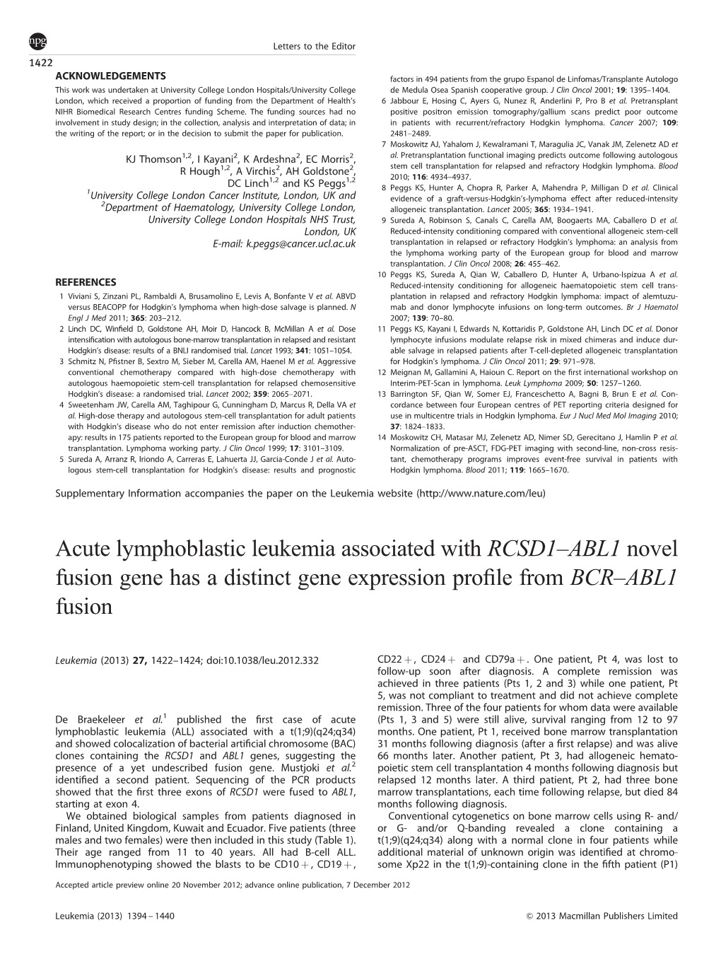 Acute Lymphoblastic Leukemia Associated with RCSD1–ABL1 Novel Fusion Gene Has a Distinct Gene Expression Proﬁle from BCR–ABL1 Fusion