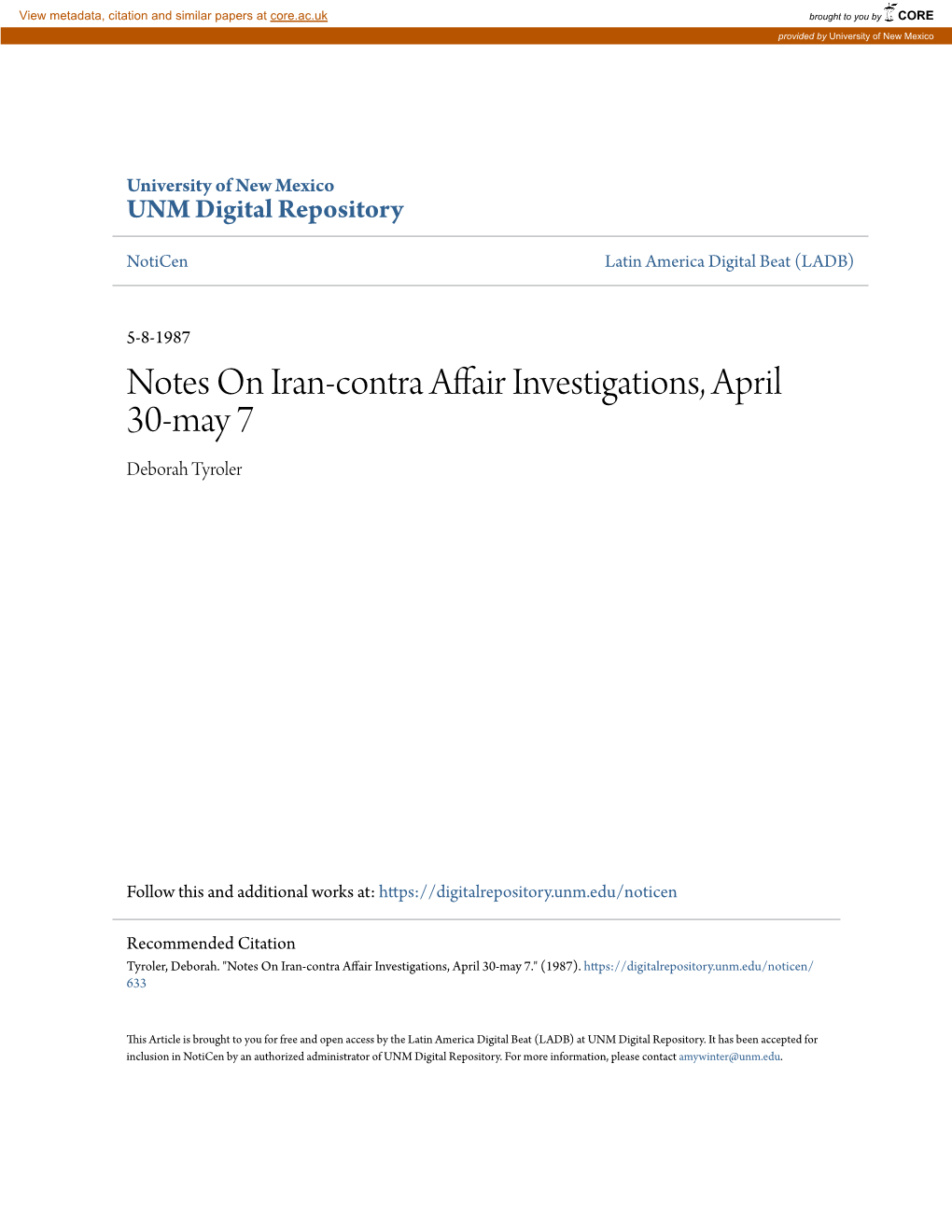 Notes on Iran-Contra Affair Investigations, April 30-May 7 Deborah Tyroler