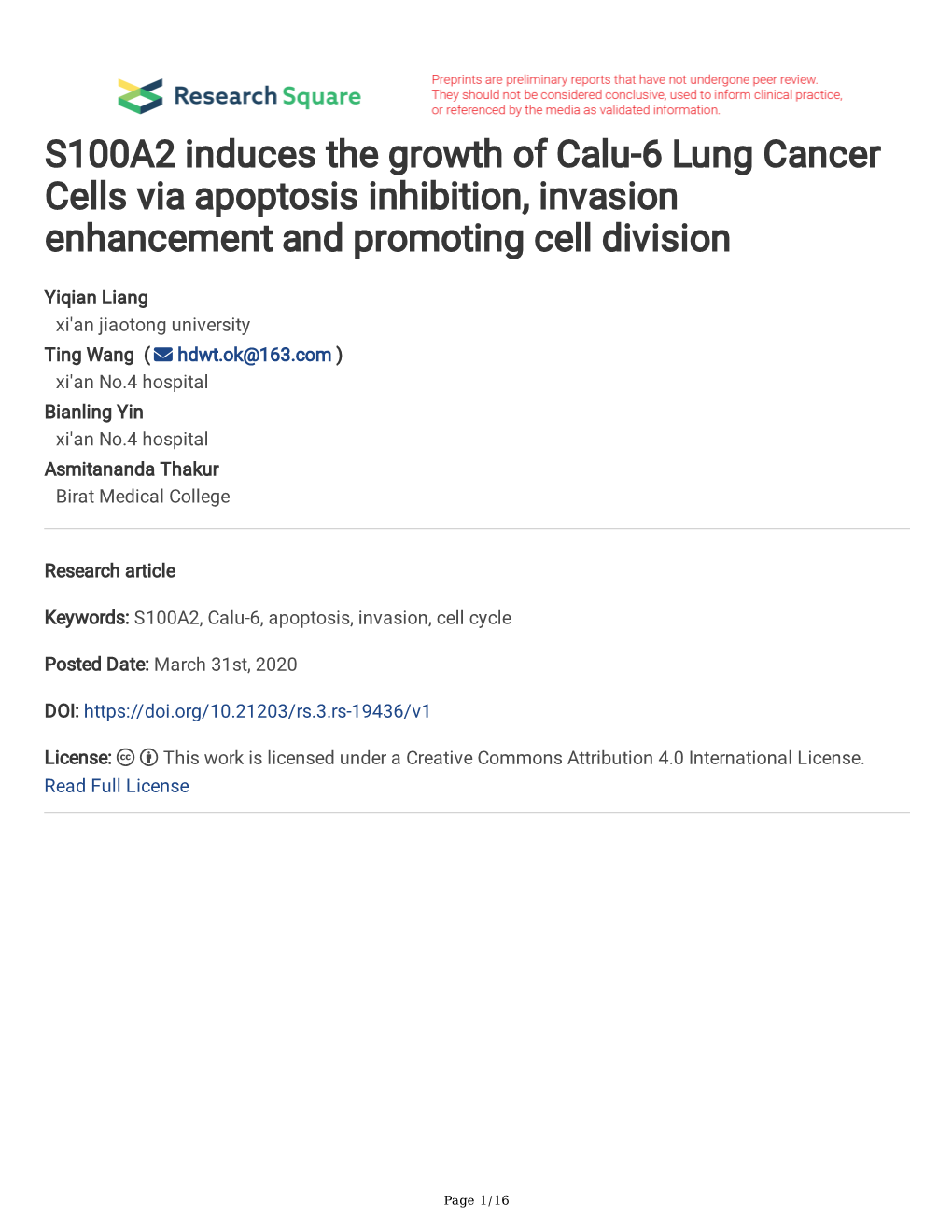S100A2 Induces the Growth of Calu-6 Lung Cancer Cells Via Apoptosis Inhibition, Invasion Enhancement and Promoting Cell Division