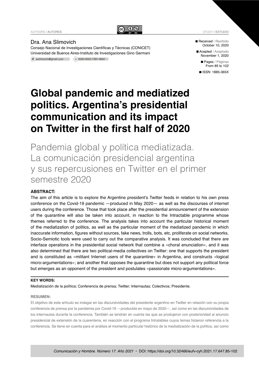 Global Pandemic and Mediatized Politics. Argentina's Presidential