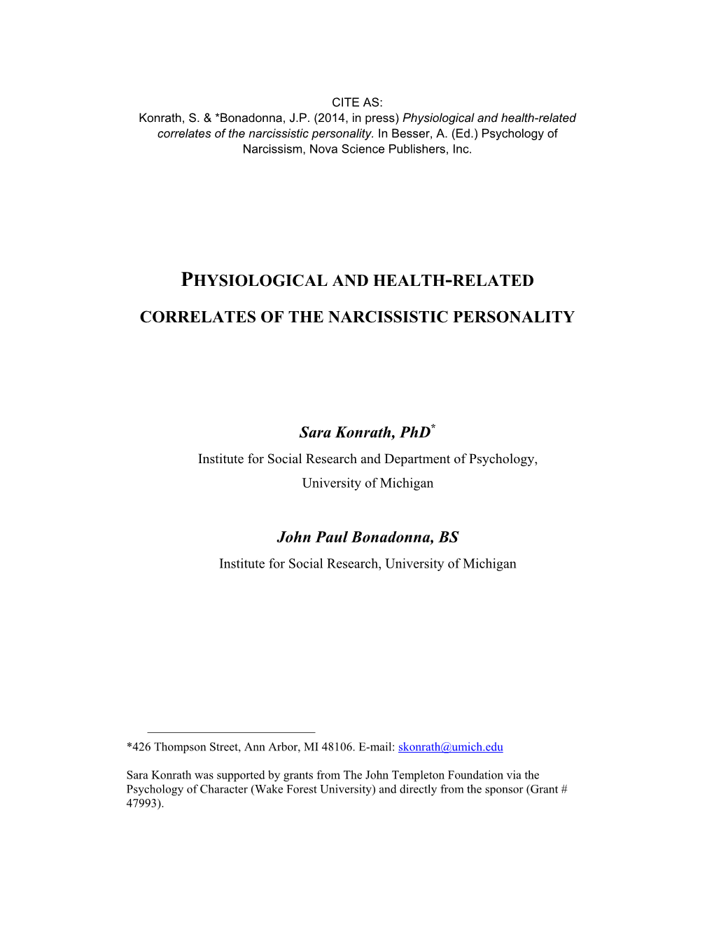 Physiological and Health-Related Correlates of the Narcissistic Personality