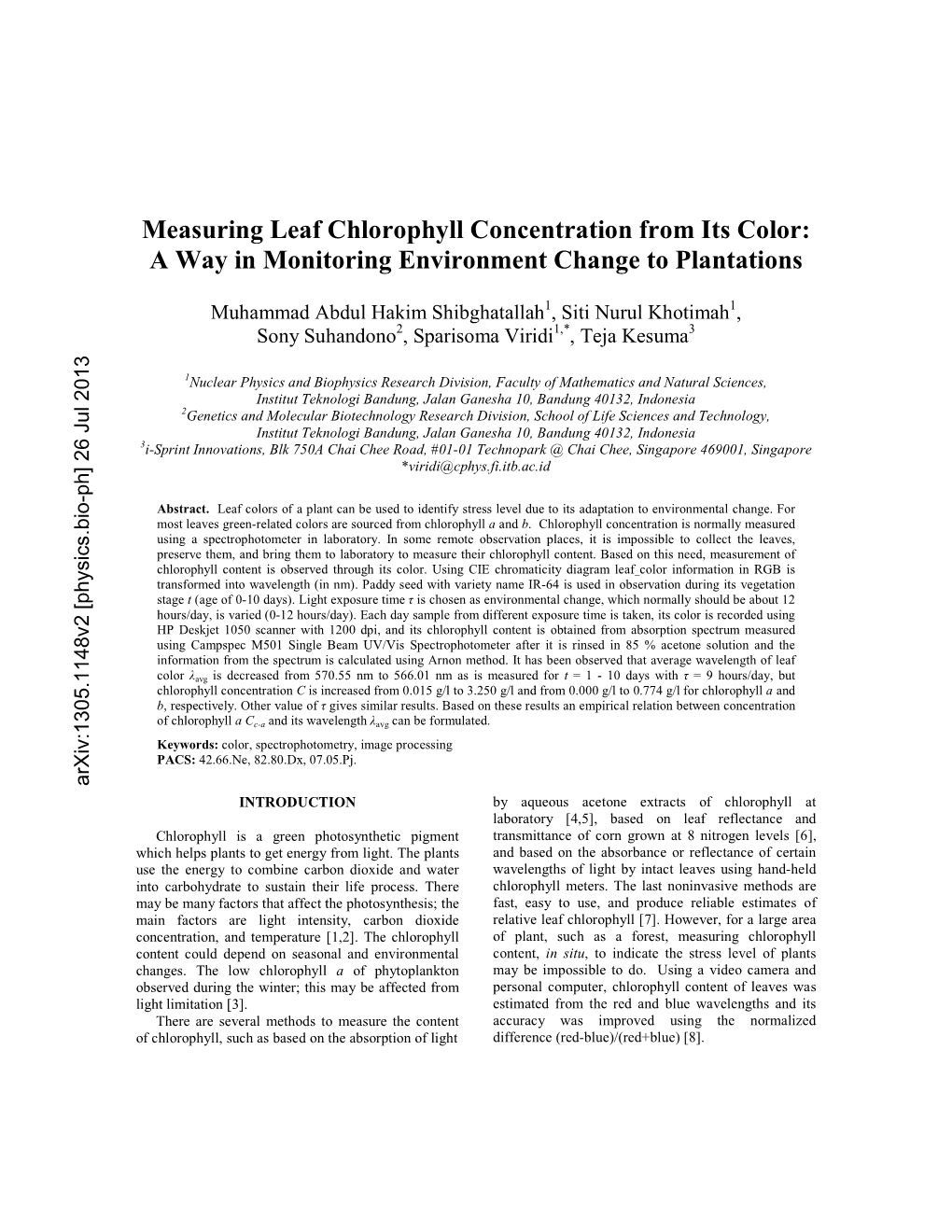 Measuring Leaf Chlorophyll Concentration from Its Color: a Way in Monitoring Environment Change to Plantations