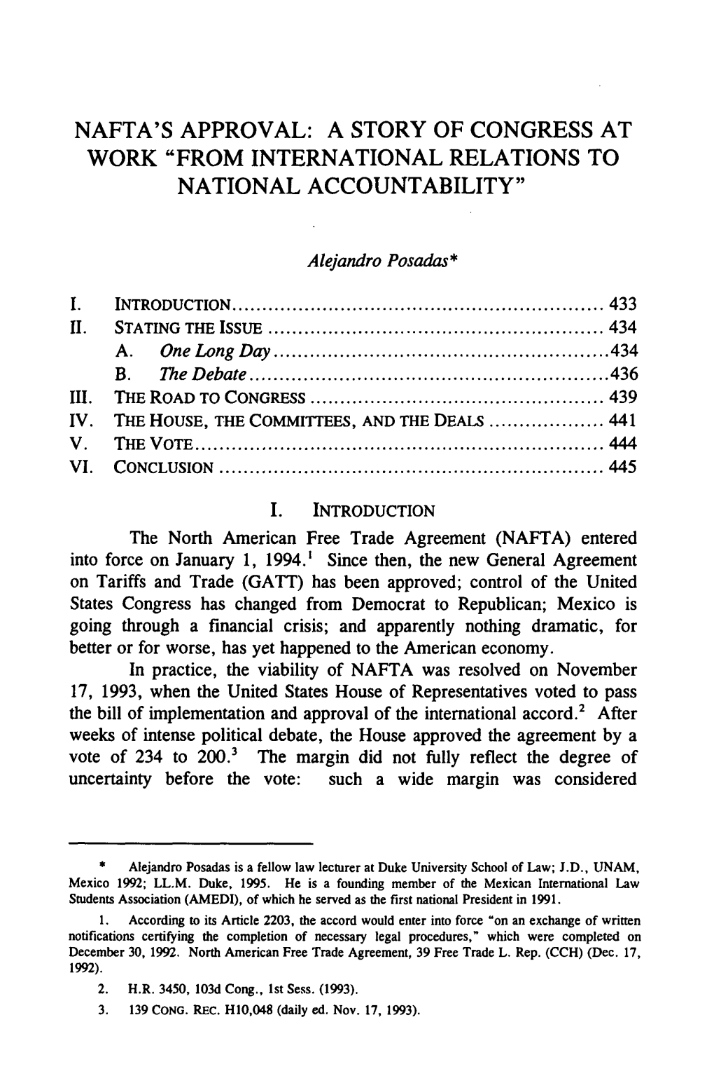 Nafta's Approval: a Story of Congress at Work "From International Relations to National Accountability"
