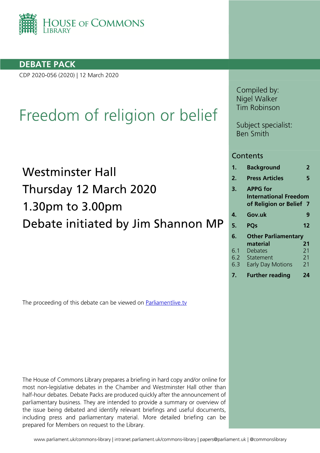 Freedom of Religion Or Belief Subject Specialist: Ben Smith