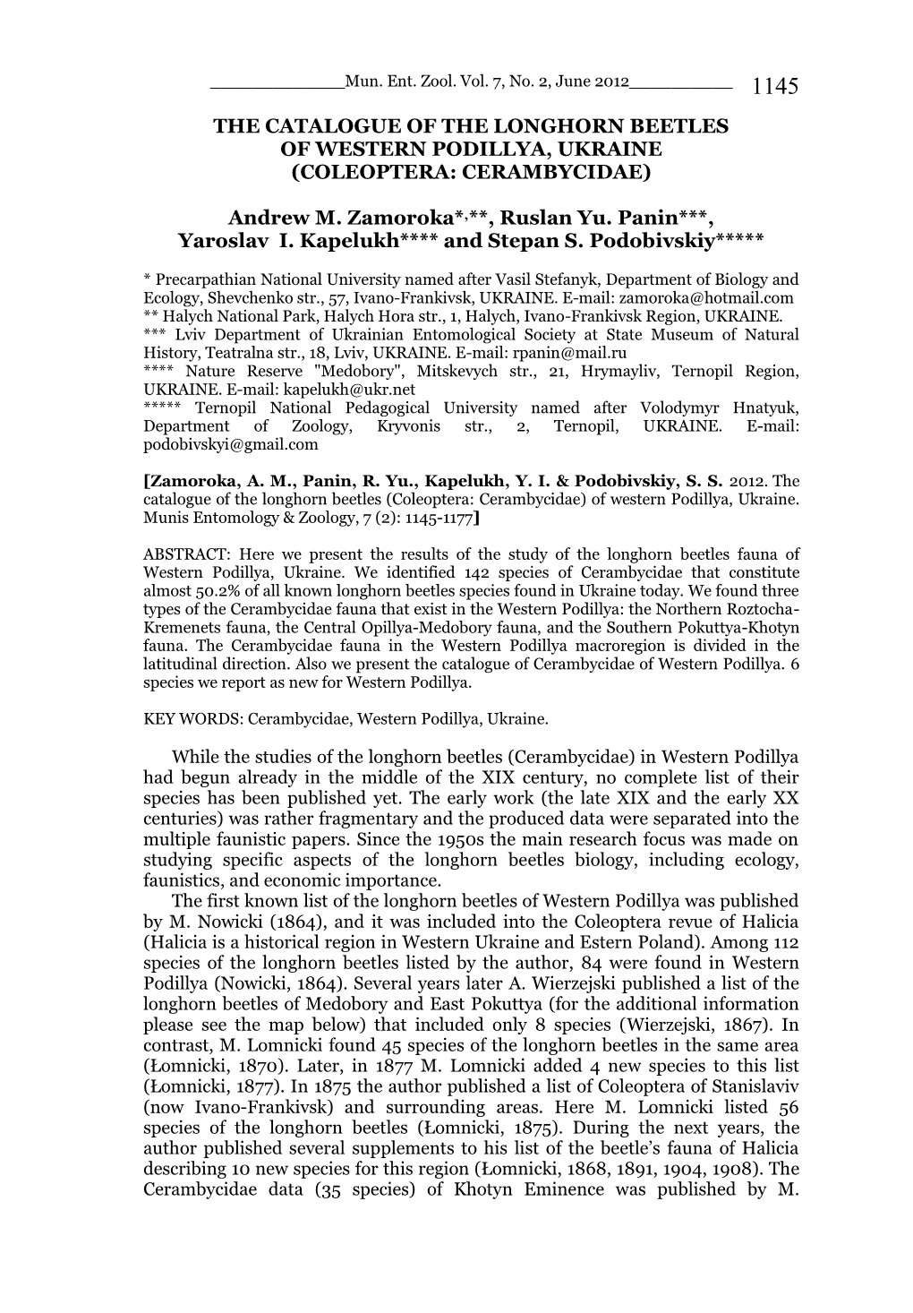 The Catalogue of the Longhorn Beetles of Western Podillya, Ukraine (Coleoptera: Cerambycidae)