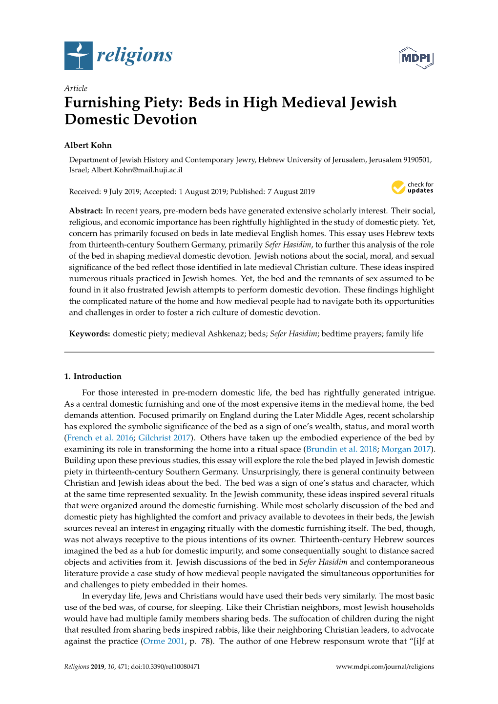 Beds in High Medieval Jewish Domestic Devotion