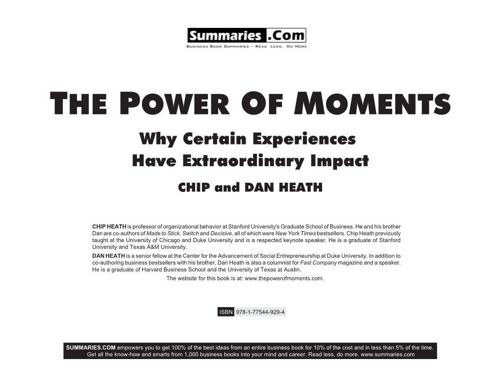 Summary of "The Power of Moments" by Chip Heath and Dan Heath