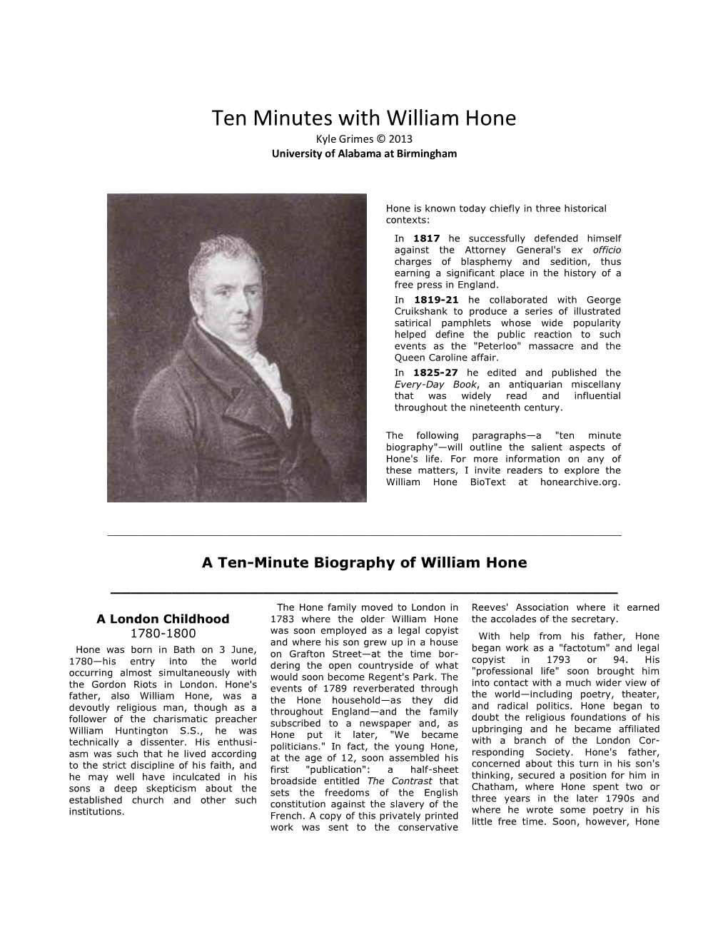 Ten Minutes with William Hone Kyle Grimes © 2013 University of Alabama at Birmingham