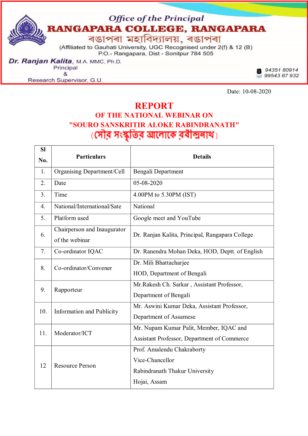 Report of the National Webinar on "Souro Sanskritir Aloke Rabindranath"
