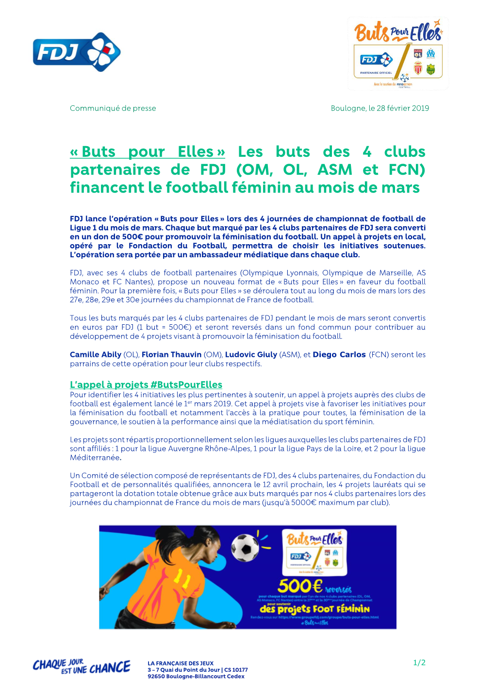 « Buts Pour Elles » Les Buts Des 4 Clubs Partenaires De FDJ (OM, OL, ASM Et FCN) Financent Le Football Féminin Au Mois De Mars