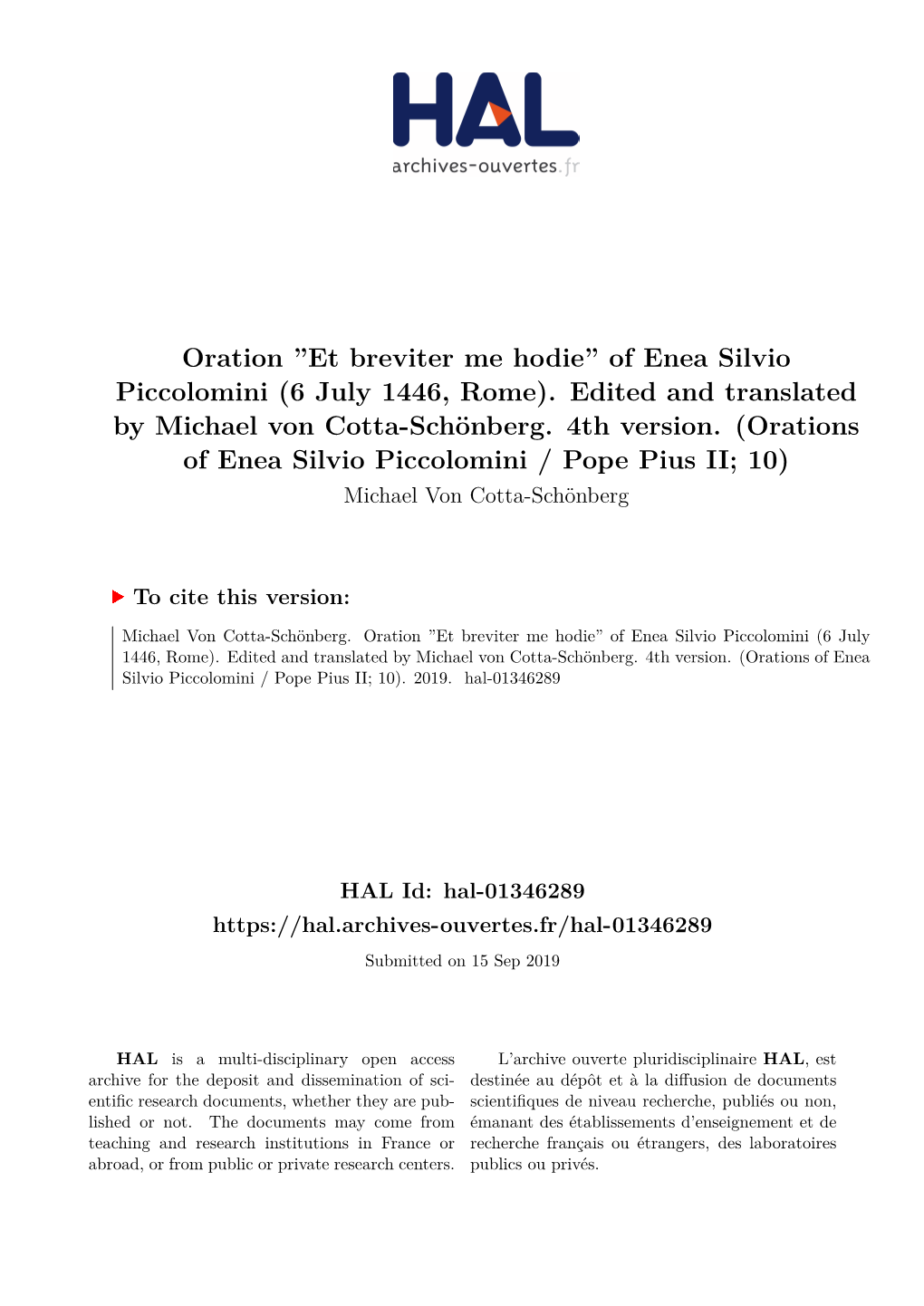 Oration ''Et Breviter Me Hodie'' of Enea Silvio Piccolomini (6 July 1446