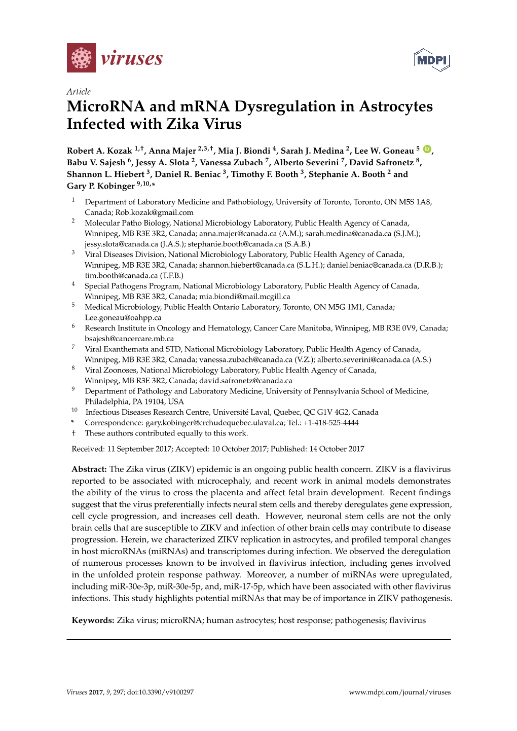 Microrna and Mrna Dysregulation in Astrocytes Infected with Zika Virus