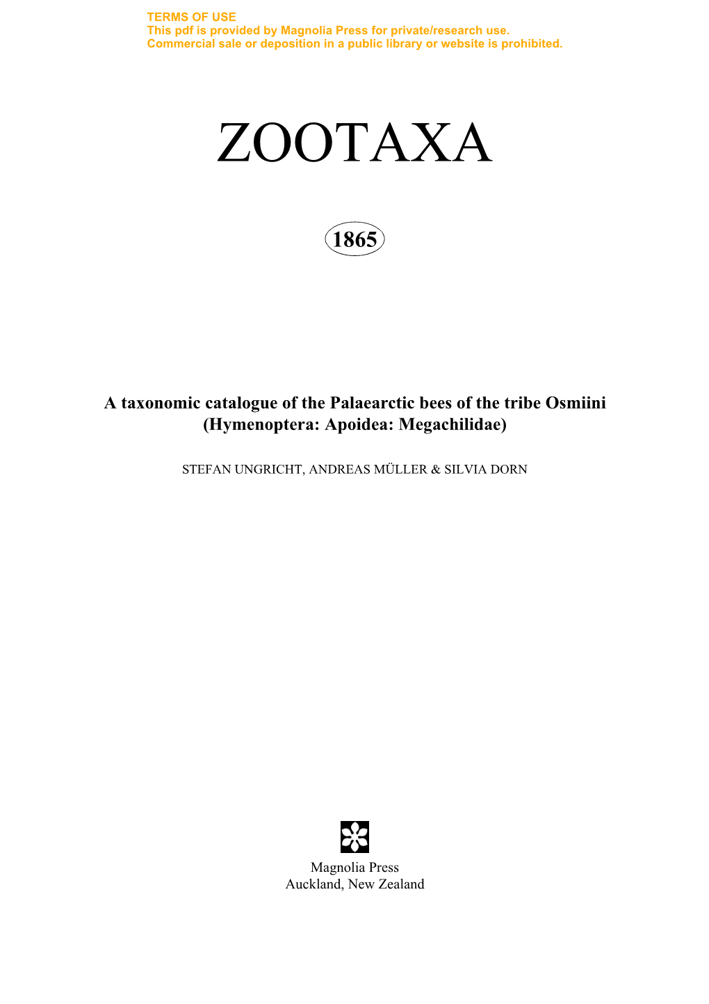 Zootaxa, a Taxonomic Catalogue of the Palaearctic Bees of the Tribe Osmiini