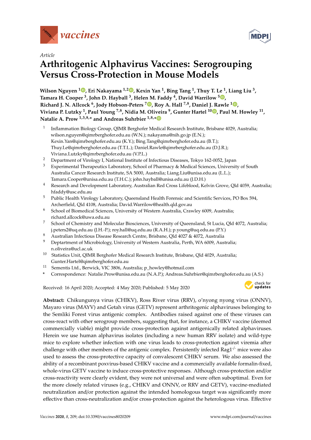 Arthritogenic Alphavirus Vaccines: Serogrouping Versus Cross-Protection in Mouse Models