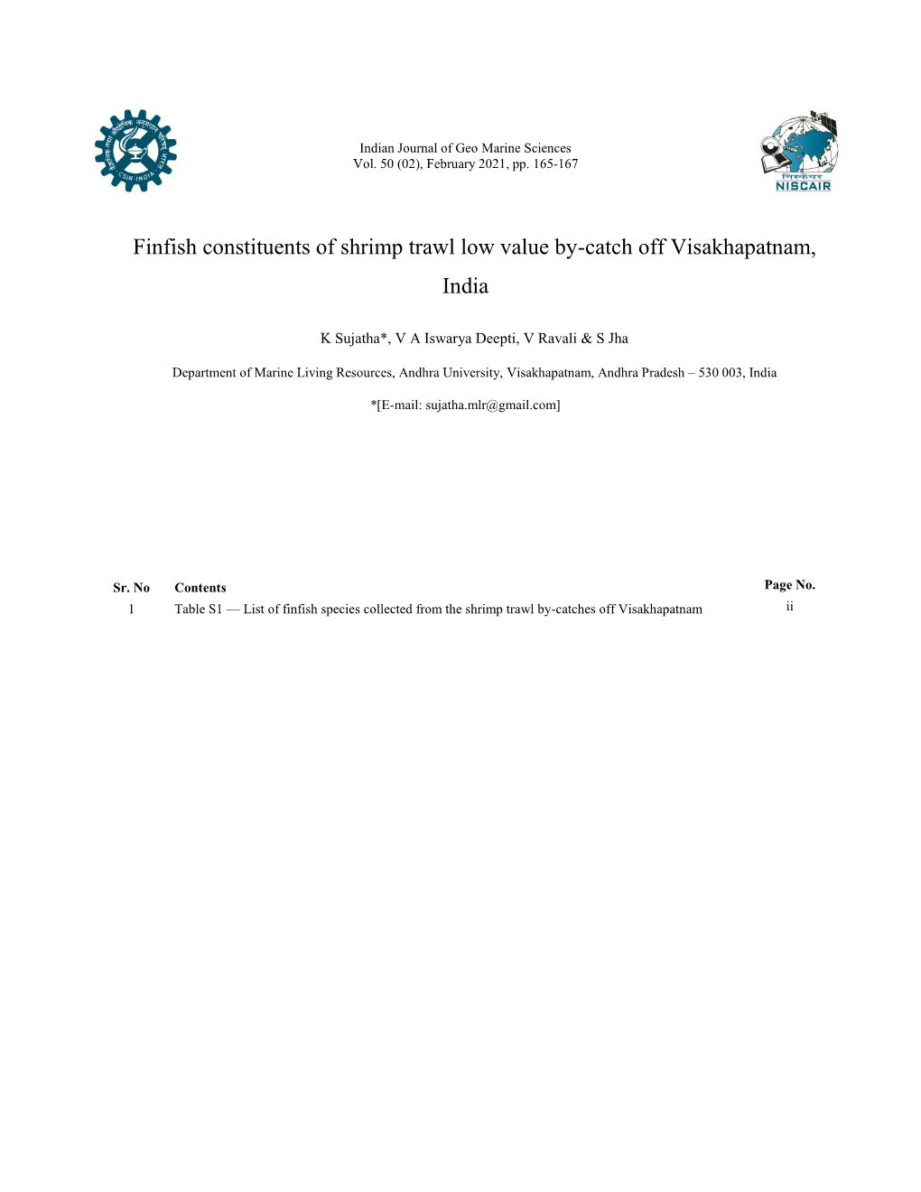 Finfish Constituents of Shrimp Trawl Low Value By-Catch Off Visakhapatnam, India