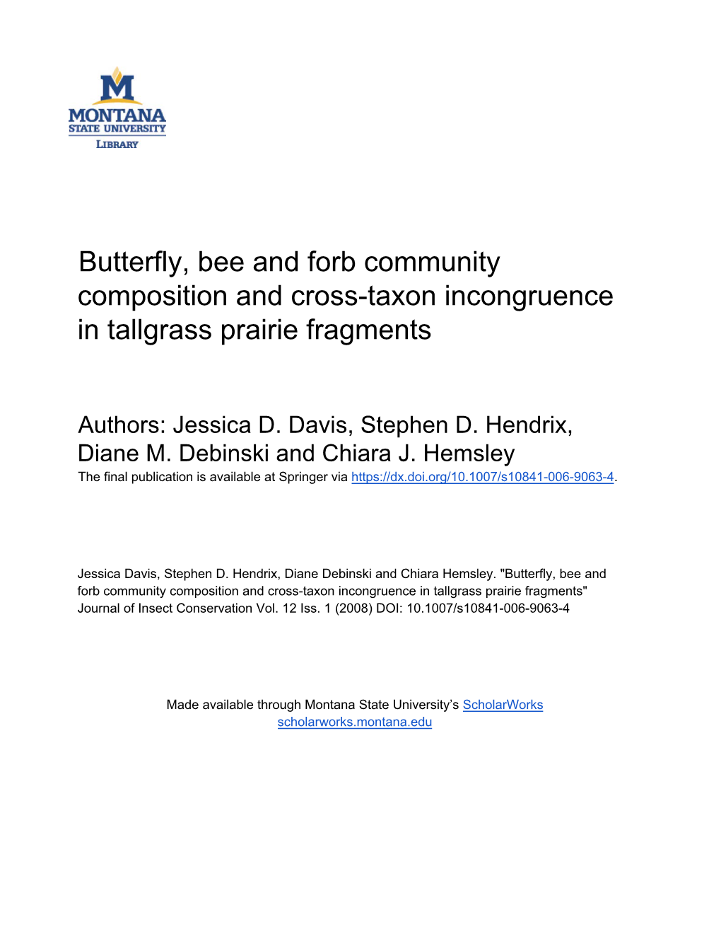 Butterfly, Bee and Forb Community Composition and Cross-Taxon Incongruence in Tallgrass Prairie Fragments