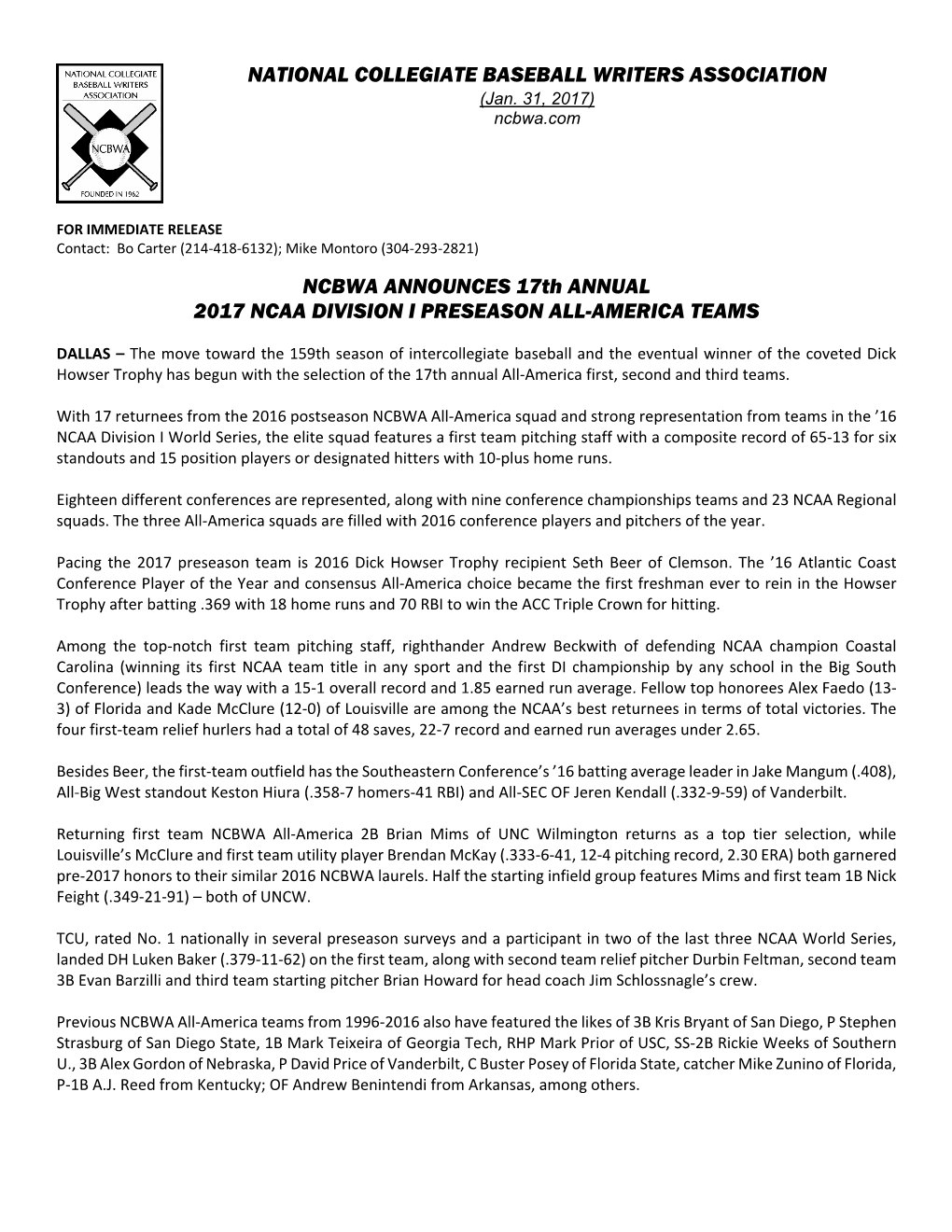 NATIONAL COLLEGIATE BASEBALL WRITERS ASSOCIATION NCBWA ANNOUNCES 17Th ANNUAL 2017 NCAA DIVISION I PRESEASON ALL-AMERICA TEAMS