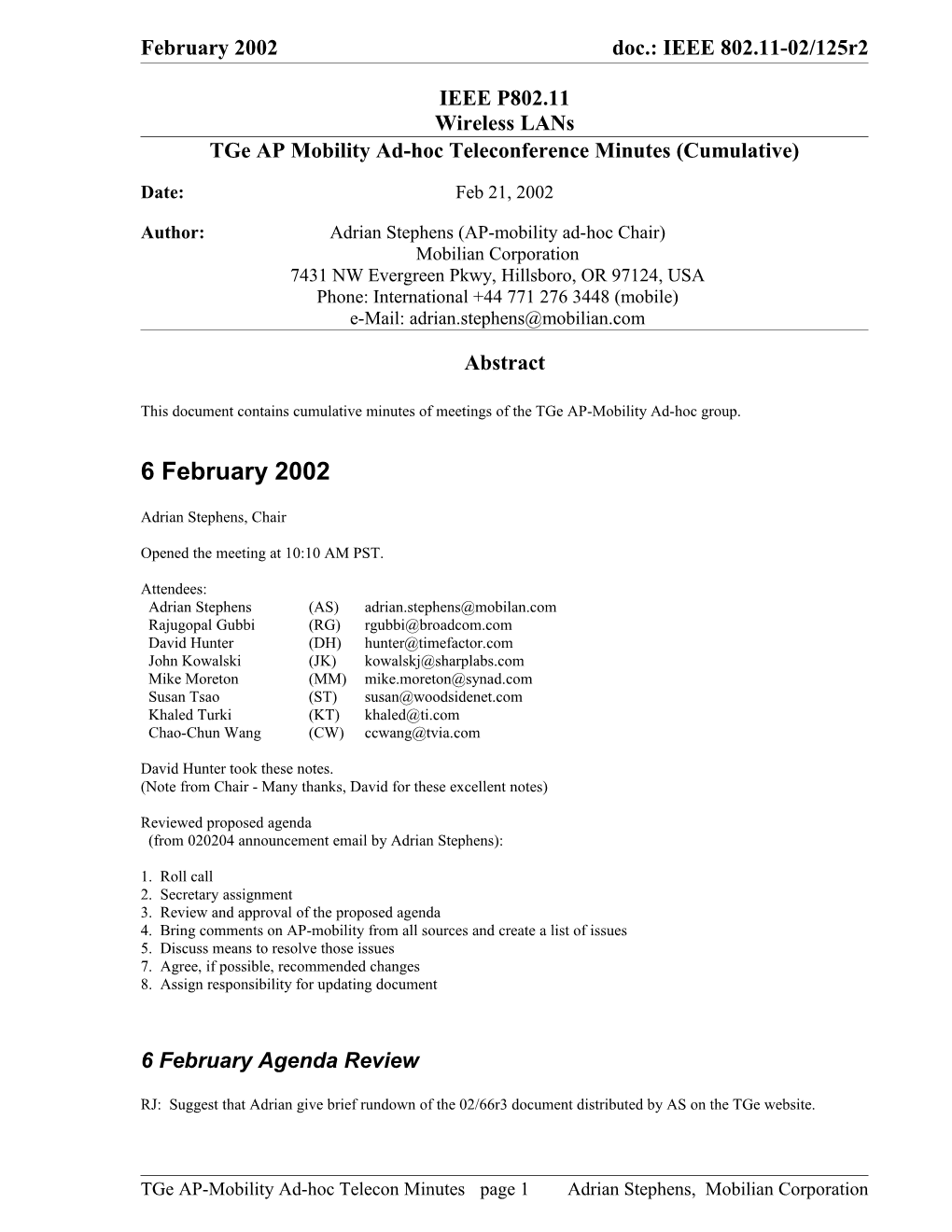 Tge AP Mobility Ad-Hoc Teleconference Minutes (Cumulative)