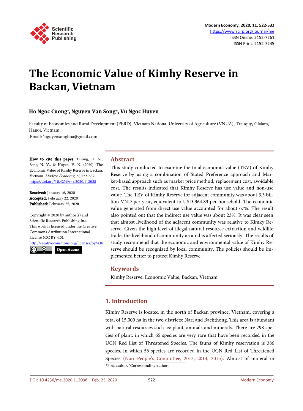 The Economic Value of Kimhy Reserve in Backan, Vietnam