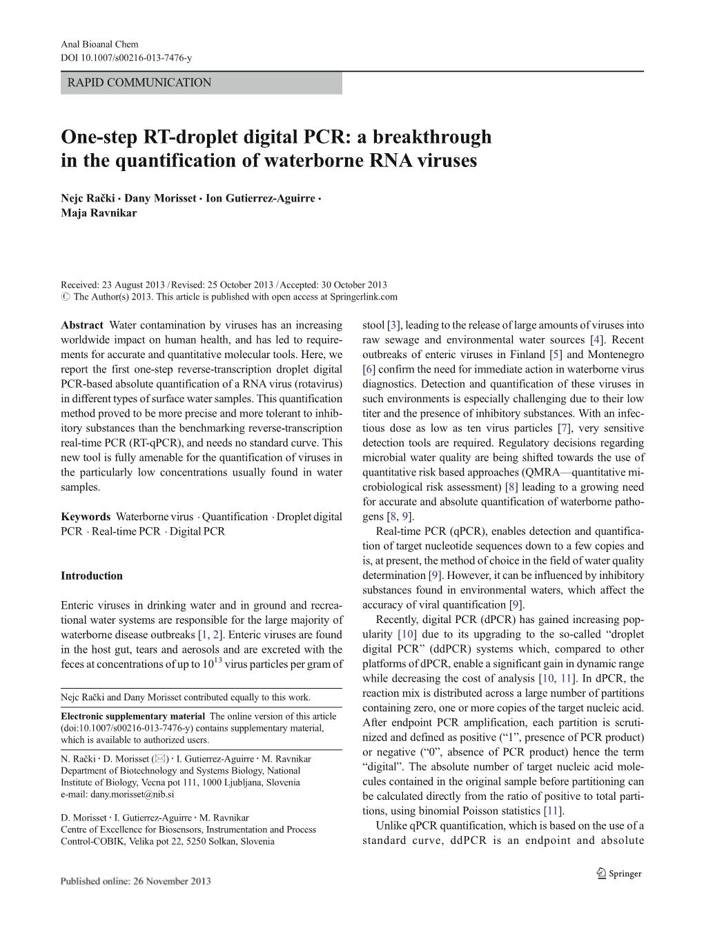 One-Step RT-Droplet Digital PCR: a Breakthrough in the Quantification of Waterborne RNA Viruses