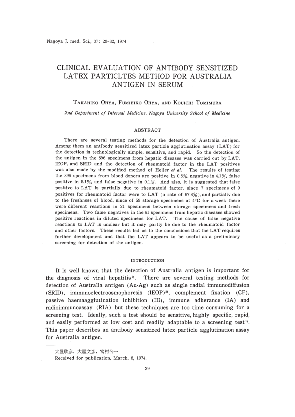 Clinical Evaluation of Antibody Sensitized Latex Particltes Method for Australia Antigen in Serum