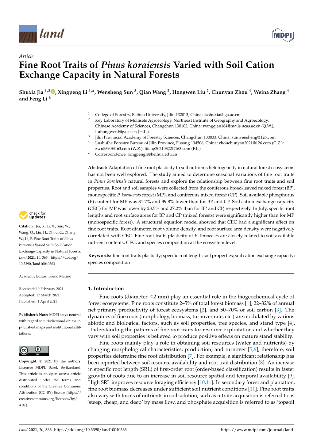 Fine Root Traits of Pinus Koraiensis Varied with Soil Cation Exchange Capacity in Natural Forests