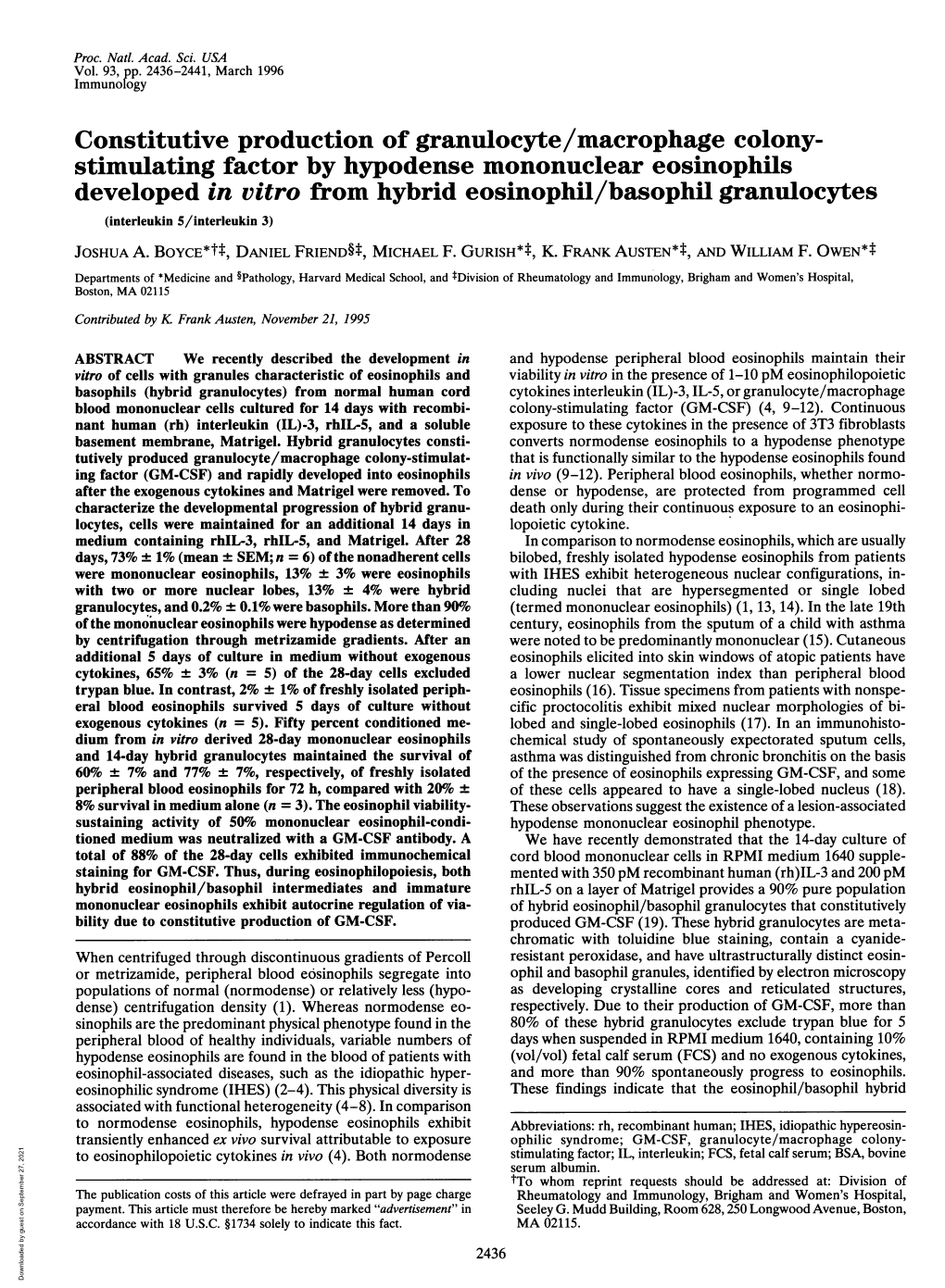 Constitutive Production of Granulocyte/Macrophage Colony