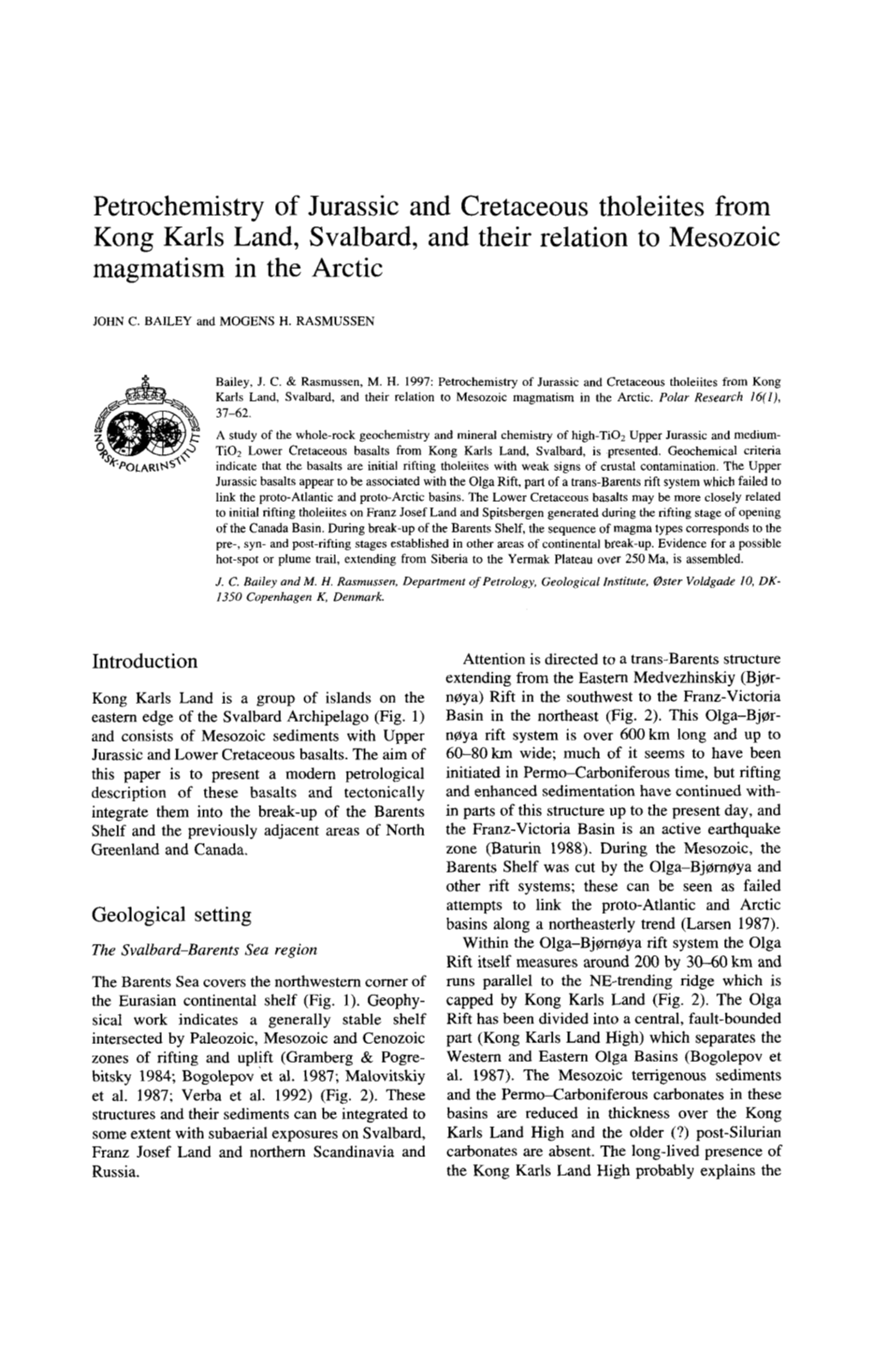 Petrochemistry of Jurassic and Cretaceous Tholeiites from Kong Karls Land, Svalbard, and Their Relation to Mesozoic Magmatism in the Arctic