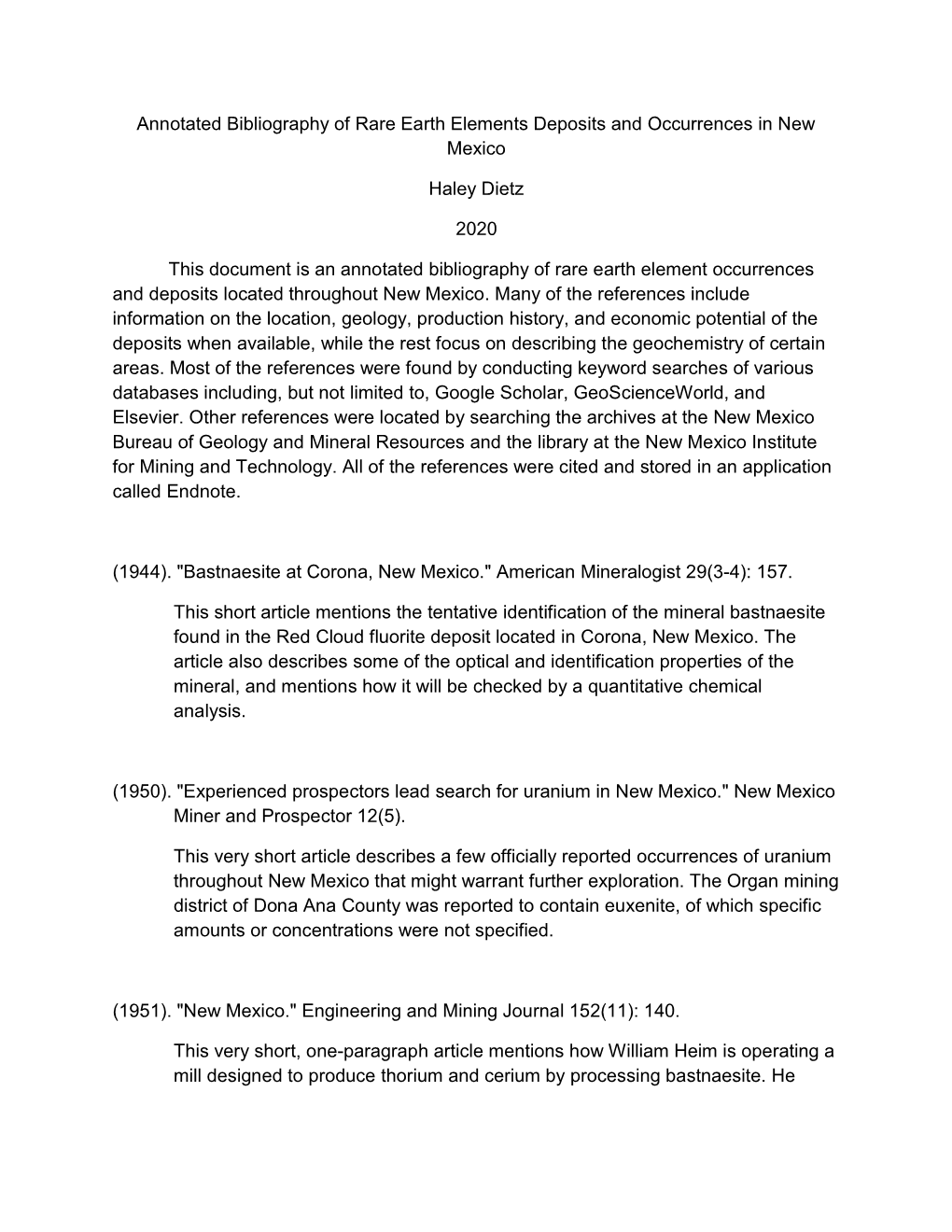 Annotated Bibliography of Rare Earth Elements Deposits and Occurrences in New Mexico