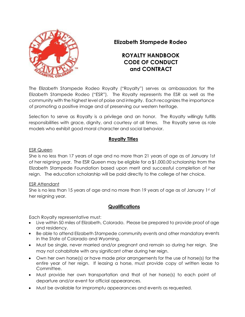 Elizabeth Stampede Rodeo ROYALTY HANDBOOK CODE of CONDUCT