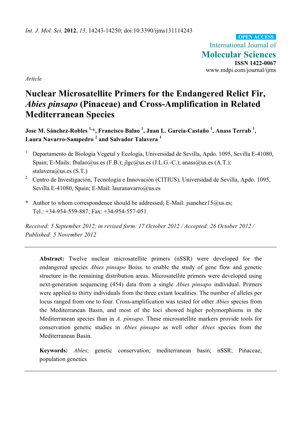 Nuclear Microsatellite Primers for the Endangered Relict Fir, Abies Pinsapo (Pinaceae) and Cross-Amplification in Related Mediterranean Species