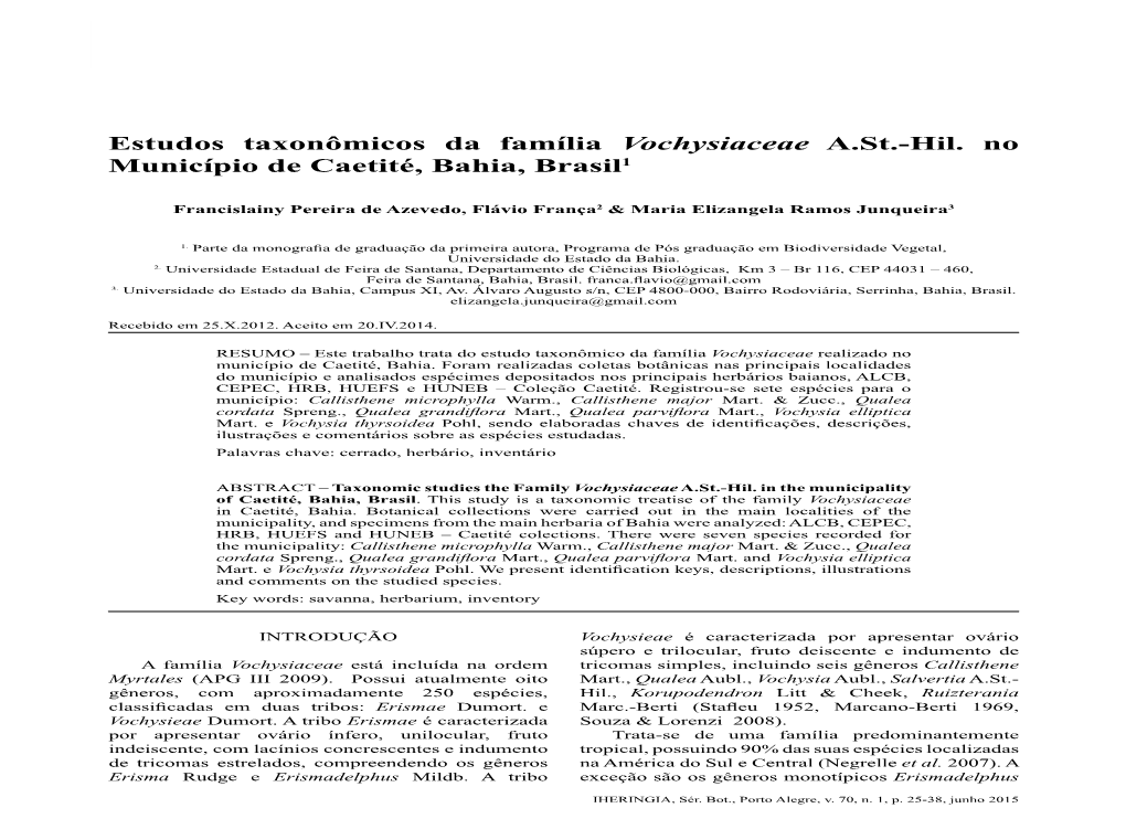 Estudos Taxonômicos Da Família Vochysiaceae A.St.-Hil