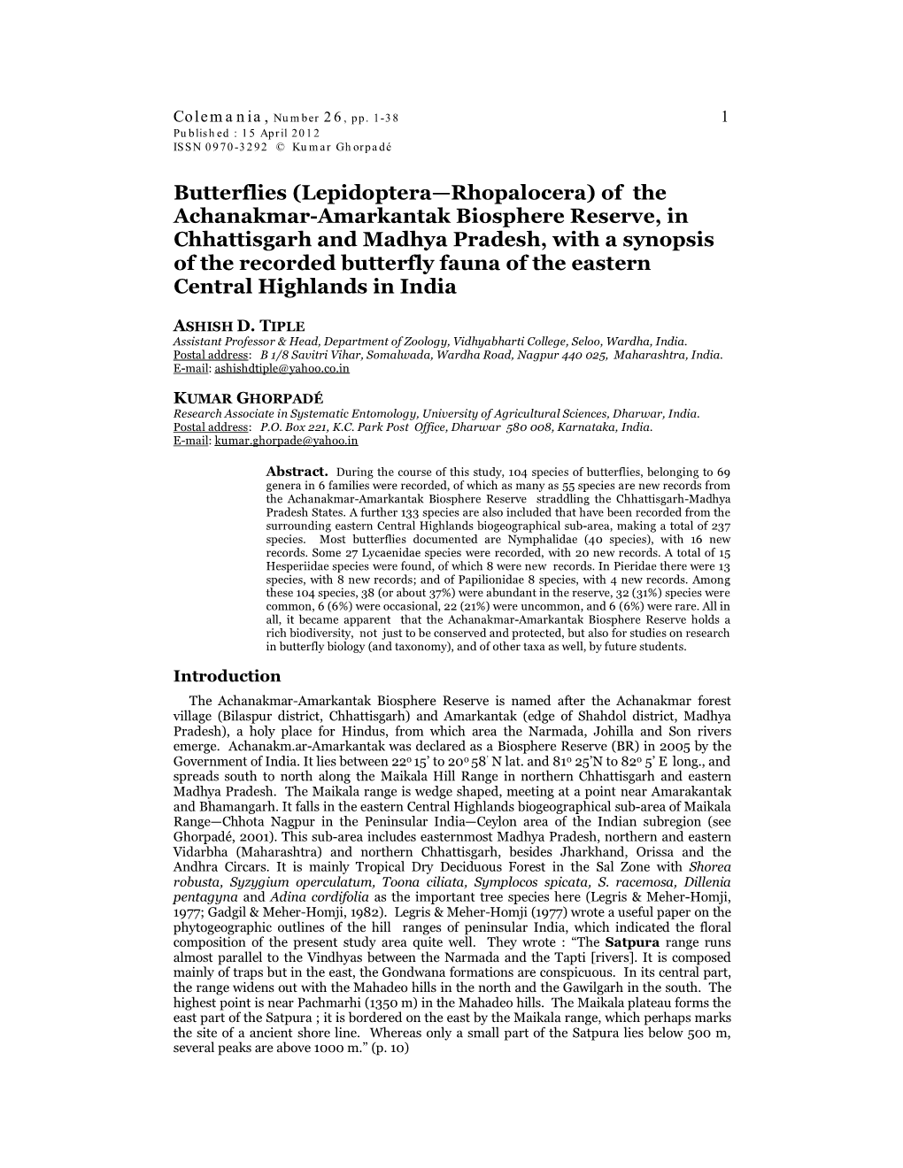 TIPLE Assistant Professor & Head, Department of Zoology, Vidhyabharti College, Seloo, Wardha, India