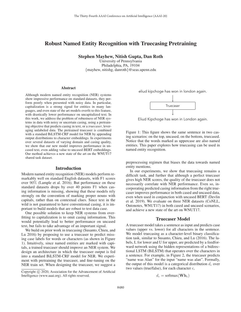 Robust Named Entity Recognition with Truecasing Pretraining