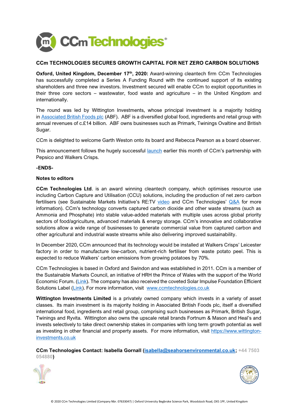 Ccm TECHNOLOGIES SECURES GROWTH CAPITAL for NET ZERO CARBON SOLUTIONS