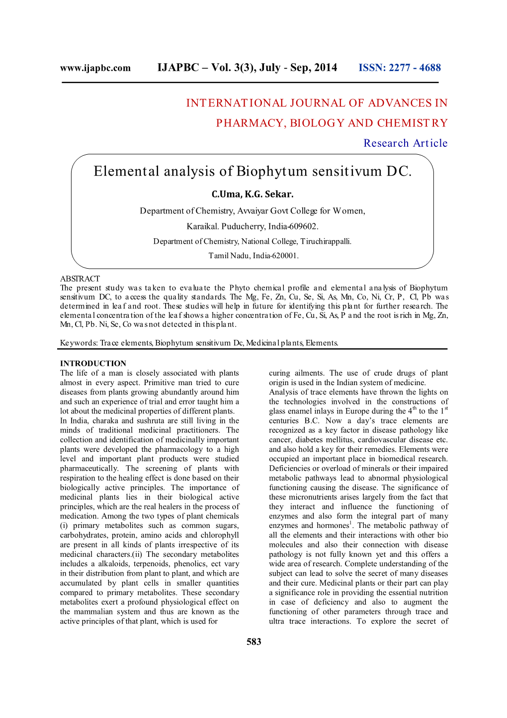 Elemental Analysis of Biophytum Sensitivum DC