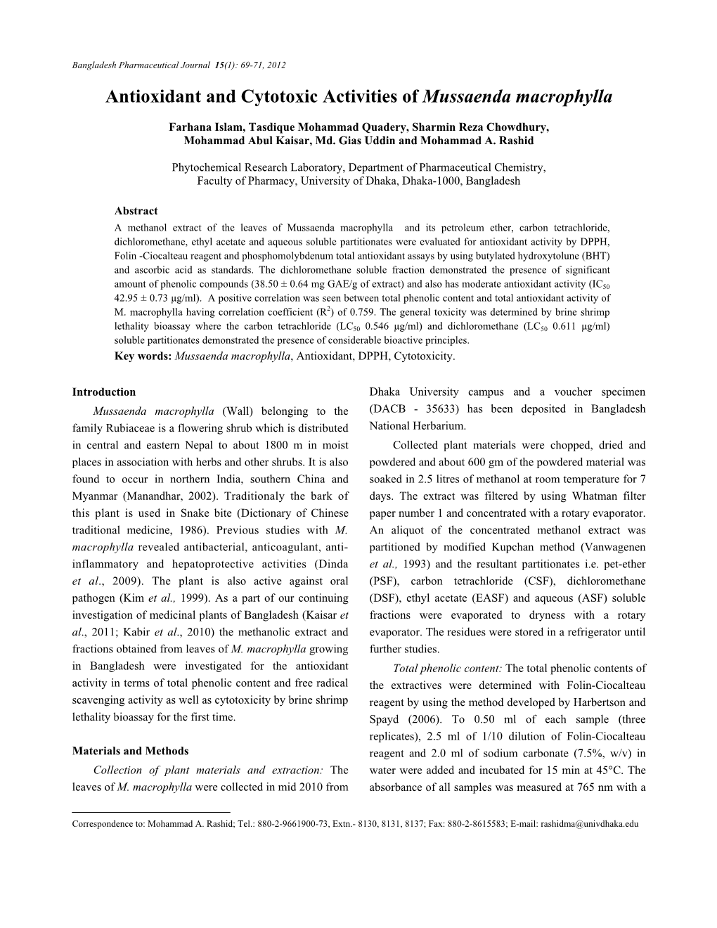 Antioxidant and Cytotoxic Activities of Mussaenda Macrophylla