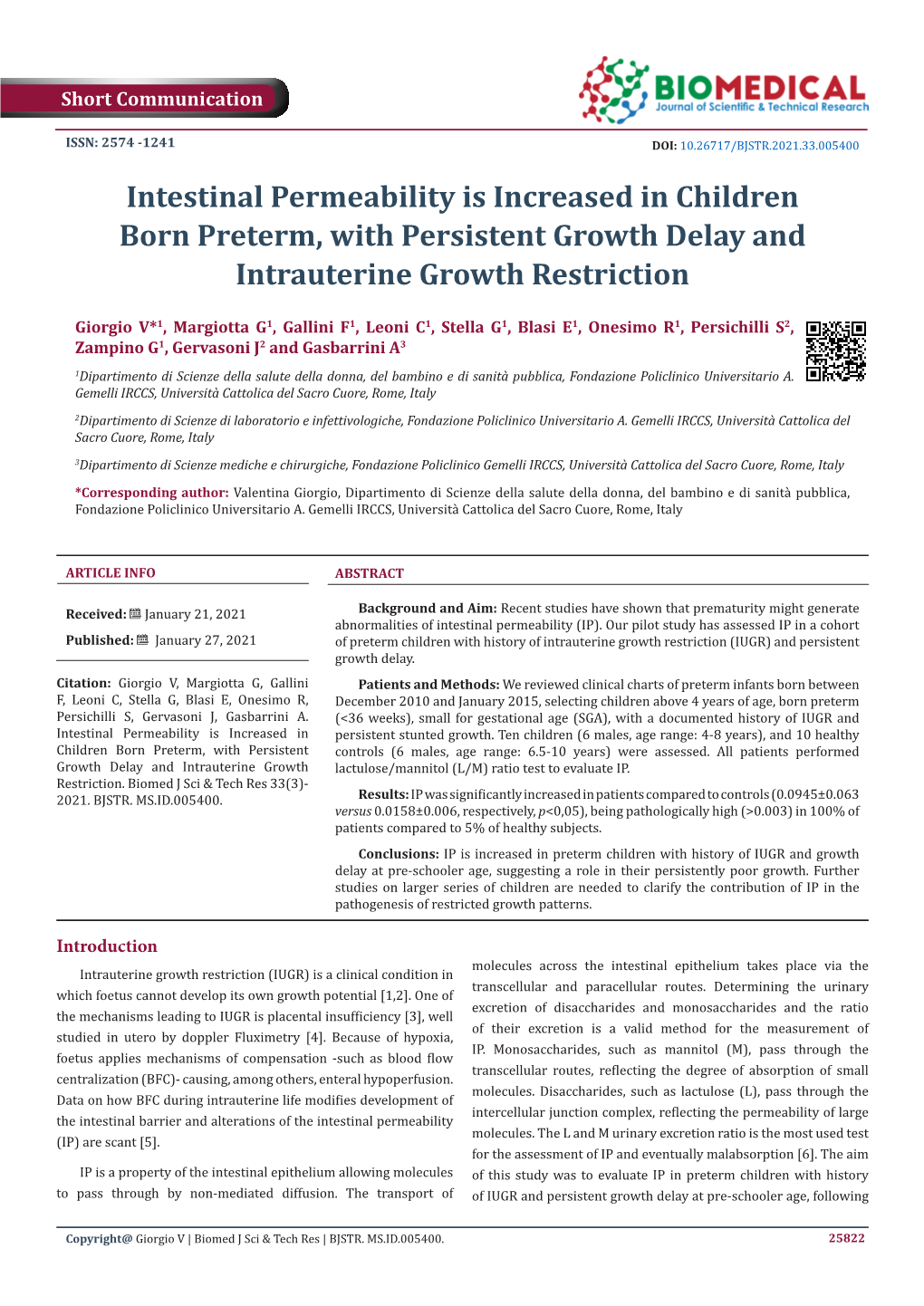 Intestinal Permeability Is Increased in Children Born Preterm, with Persistent Growth Delay and Intrauterine Growth Restriction