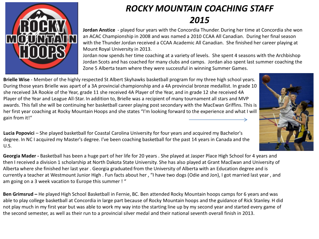 ROCKY MOUNTAIN COACHING STAFF 2015 Jordan Anstice - Played Four Years with the Concordia Thunder