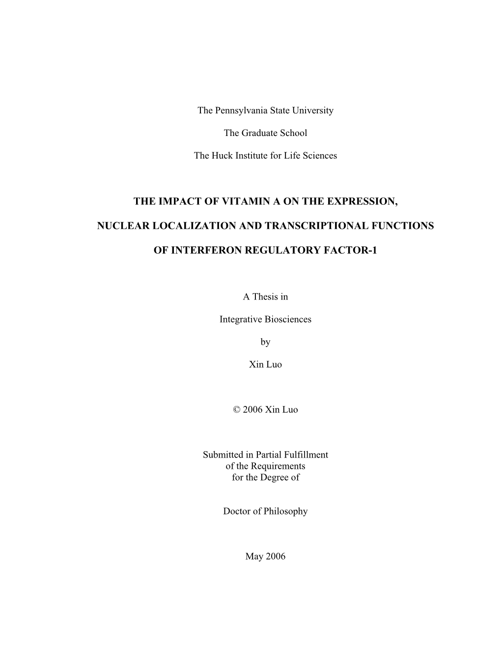 The Impact of Vitamin a on the Expression, Nuclear