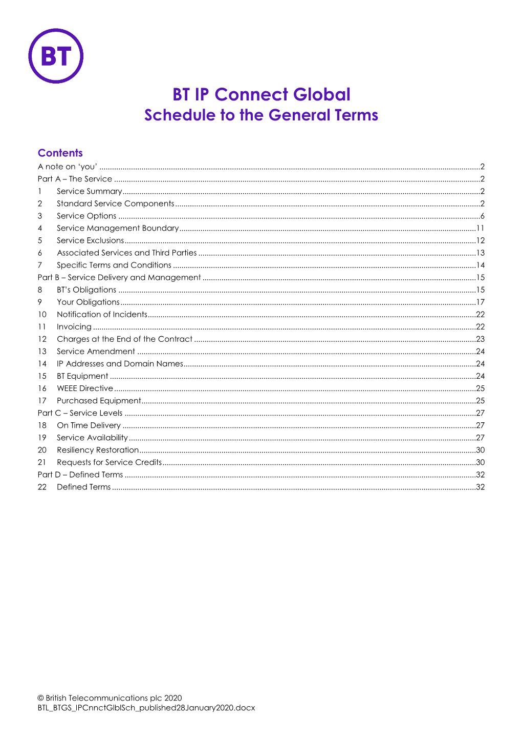 BT IP Connect Global Schedule to the General Terms