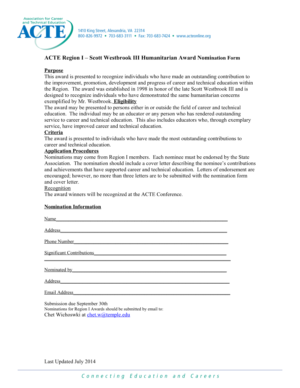 ACTE Region I Scott Westbrook III Humanitarian Award Nomination Form
