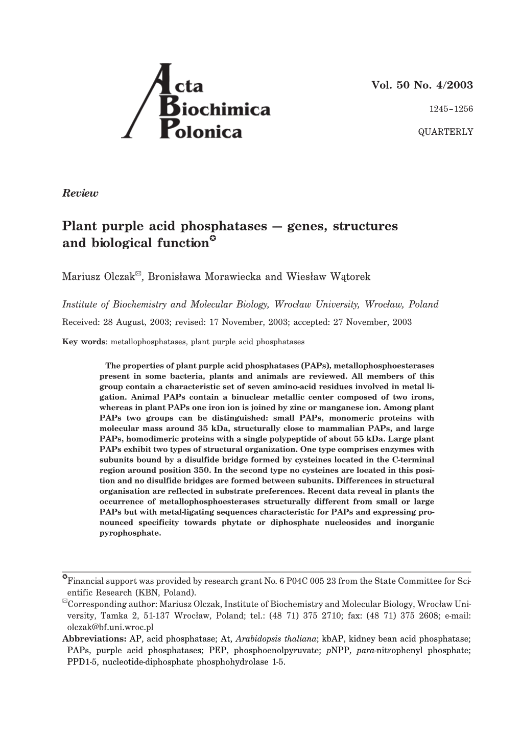 Plant Purple Acid Phosphatases — Genes, Structures and Biological Function