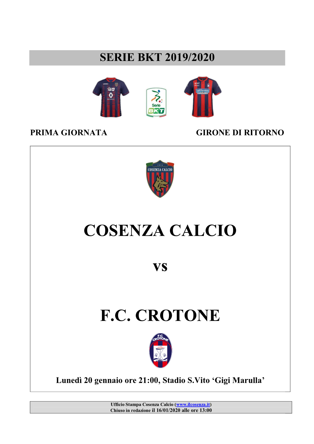 COSENZA CALCIO Vs F.C. CROTONE