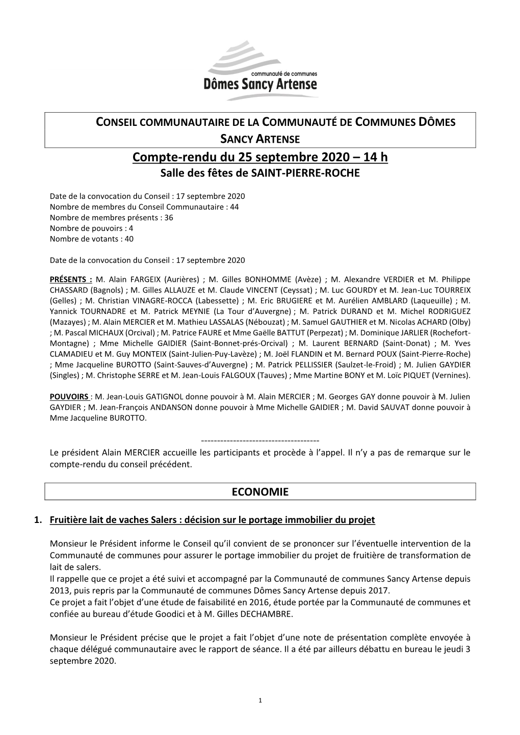 Compte-Rendu Du 25 Septembre 2020 – 14 H Salle Des Fêtes De SAINT-PIERRE-ROCHE