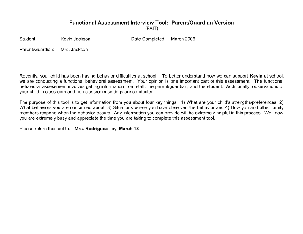 Functional Assessment Interview Tool: Staff Version